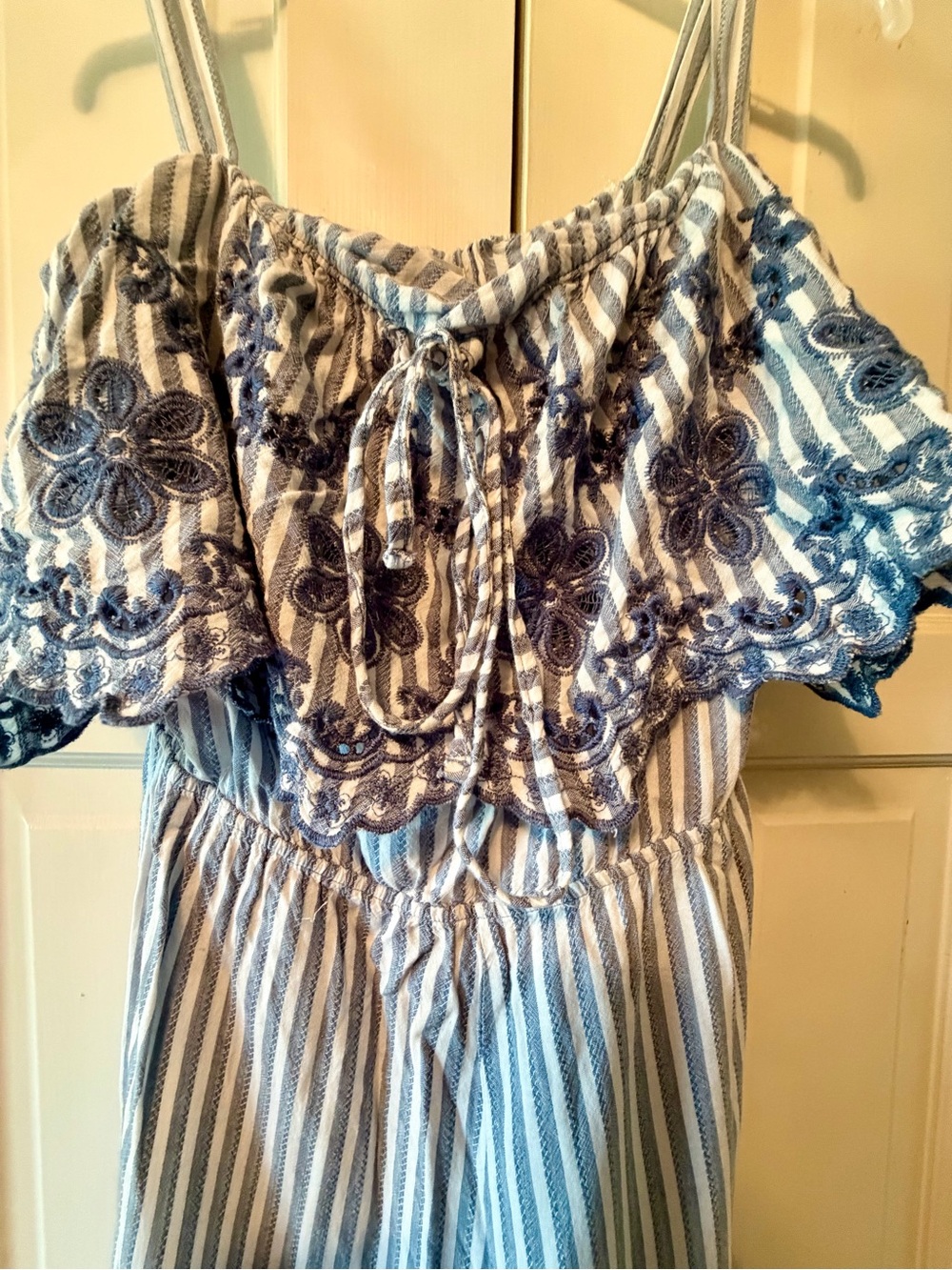 Ava & Yelly Blue White Embroidered Stripe Off Shoulder Jumpsuit Romper Size 12